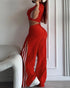 Contrast Side Striped & Zipper Slit Side Drawstring Elastic Waist Trousers Casual Wide Leg Pants red