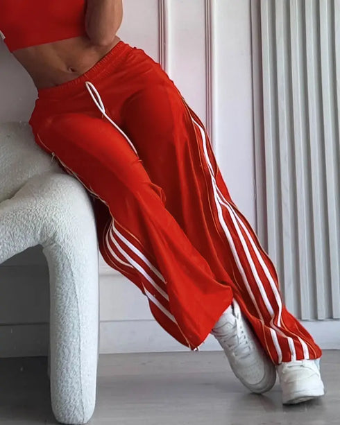 Contrast Side Striped & Zipper Slit Side Drawstring Elastic Waist Trousers Casual Wide Leg Pants red