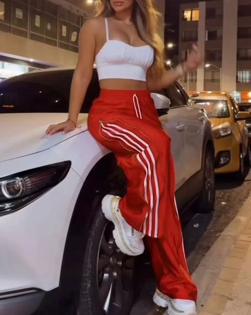 Contrast Side Striped & Zipper Slit Side Drawstring Elastic Waist Trousers Casual Wide Leg Pants red