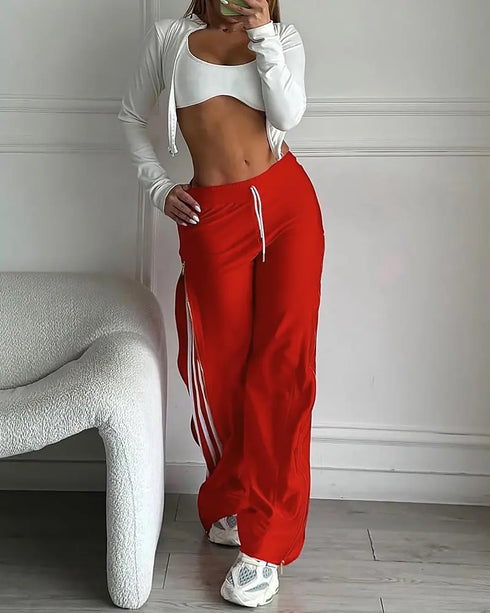 Contrast Side Striped & Zipper Slit Side Drawstring Elastic Waist Trousers Casual Wide Leg Pants red