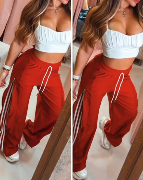 Contrast Side Striped & Zipper Slit Side Drawstring Elastic Waist Trousers Casual Wide Leg Pants red
