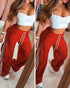 Contrast Side Striped & Zipper Slit Side Drawstring Elastic Waist Trousers Casual Wide Leg Pants red