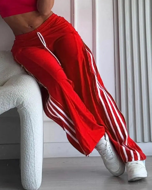 Contrast Side Striped & Zipper Slit Side Drawstring Elastic Waist Trousers Casual Wide Leg Pants red