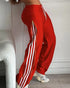 Contrast Side Striped & Zipper Slit Side Drawstring Elastic Waist Trousers Casual Wide Leg Pants red