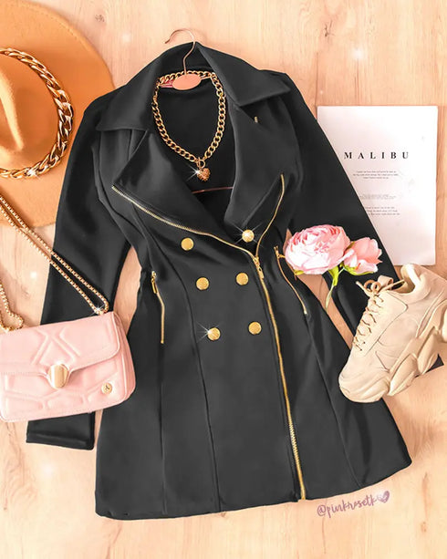 Buttoned Zipper Pocket Design Notched Collar Blazer Dress black