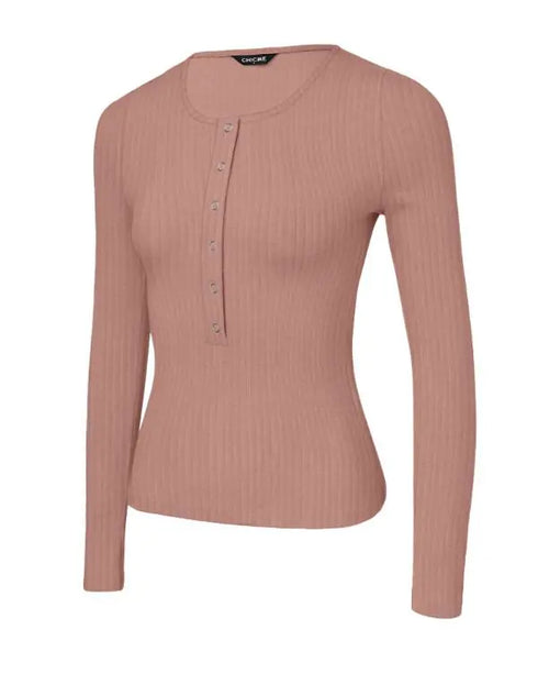 Long Sleeve Top Button Down Slim Fit Tops Crewneck Ribbed Knit Shirt pink