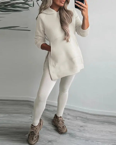 2 Piece Side Slit Kangaroo Pocket Design Pullover Hoodie Skinny Leggings Pants Tracksuit Set Apricot