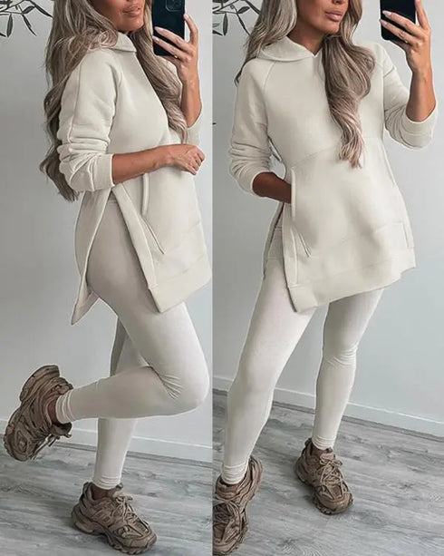 2 Piece Side Slit Kangaroo Pocket Design Pullover Hoodie Skinny Leggings Pants Tracksuit Set Apricot