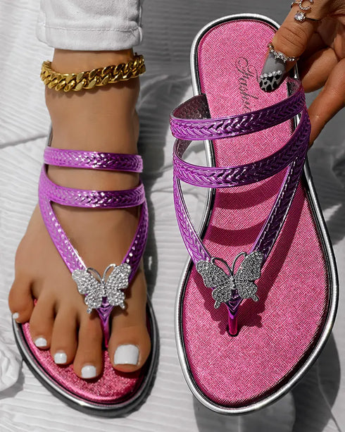 Butterfly Pattern Rhinestone Toe Post Flip Flops hot pink