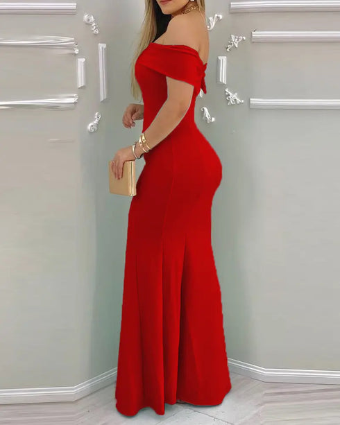 Off Shoulder Ruffle Hem Slim Fit Maxi Evening Dress Sexy Dress red
