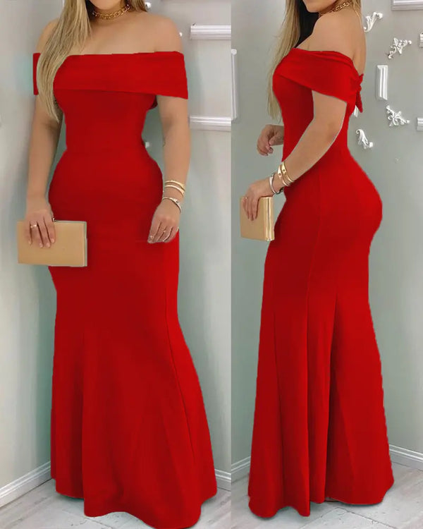 Off Shoulder Ruffle Hem Slim Fit Maxi Evening Dress Sexy Dress red