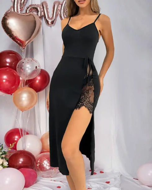 Contrast Lace V-Neck Sleeveless Babydoll Sexy Slit Slim Fit Sleepwear black