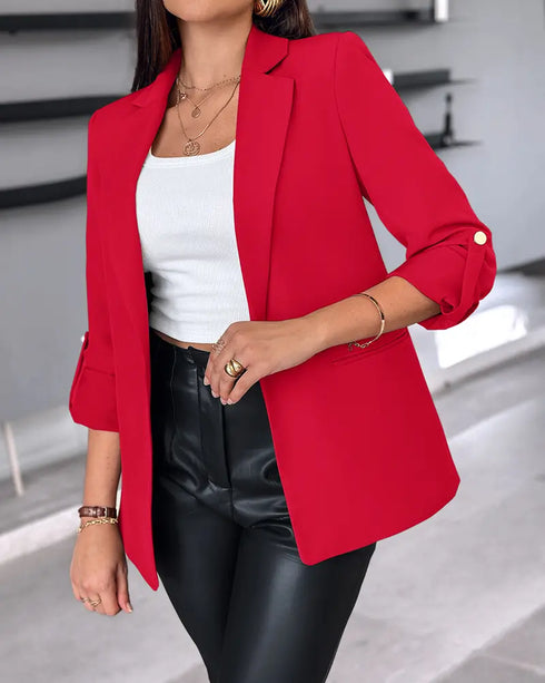 Notched Collar Roll Up Sleeve Blazer Coat red