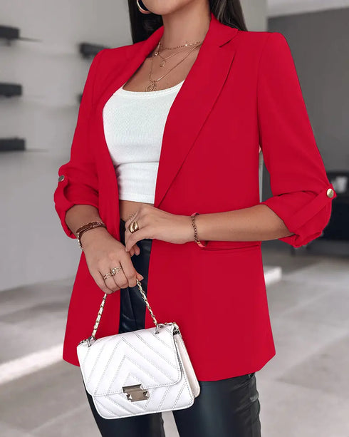 Notched Collar Roll Up Sleeve Blazer Coat red