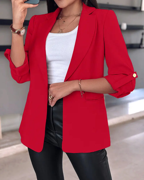 Notched Collar Roll Up Sleeve Blazer Coat red