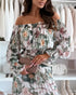 2 Pieces Outfit Floral Print Elastic Off Shoulder Trim Ruffle Cuffs Shirred Top and Casual Elastic Waist Pleated Skirt Set With Lining green