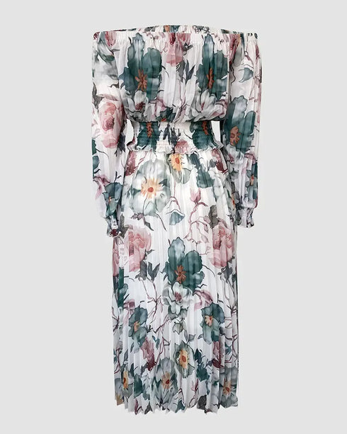 2 Pieces Outfit Floral Print Elastic Off Shoulder Trim Ruffle Cuffs Shirred Top and Casual Elastic Waist Pleated Skirt Set With Lining green