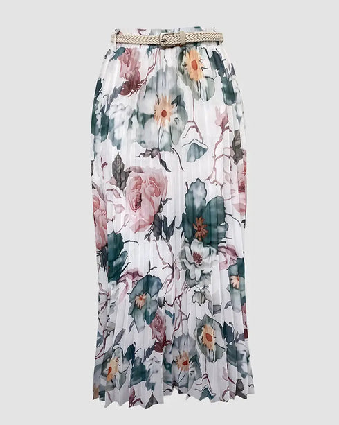 2 Pieces Outfit Floral Print Elastic Off Shoulder Trim Ruffle Cuffs Shirred Top and Casual Elastic Waist Pleated Skirt Set With Lining green