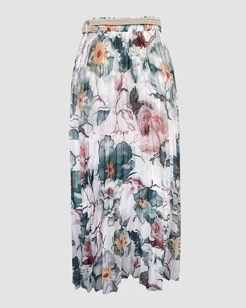 2 Pieces Outfit Floral Print Elastic Off Shoulder Trim Ruffle Cuffs Shirred Top and Casual Elastic Waist Pleated Skirt Set With Lining green