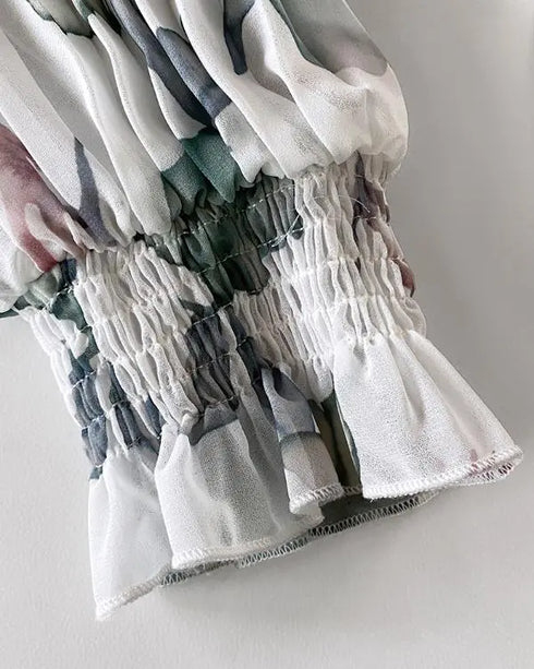 2 Pieces Outfit Floral Print Elastic Off Shoulder Trim Ruffle Cuffs Shirred Top and Casual Elastic Waist Pleated Skirt Set With Lining green