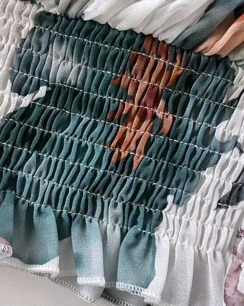 2 Pieces Outfit Floral Print Elastic Off Shoulder Trim Ruffle Cuffs Shirred Top and Casual Elastic Waist Pleated Skirt Set With Lining green