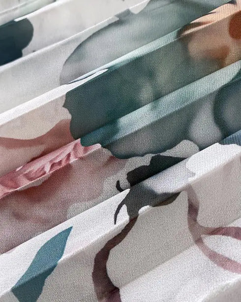 2 Pieces Outfit Floral Print Elastic Off Shoulder Trim Ruffle Cuffs Shirred Top and Casual Elastic Waist Pleated Skirt Set With Lining green