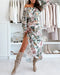 2 Pieces Outfit Floral Print Elastic Off Shoulder Trim Ruffle Cuffs Shirred Top and Casual Elastic Waist Pleated Skirt Set With Lining green