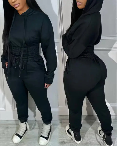 2 Pieces Outfit Drop Shoulder Kangaroo Pocket Stretchy Hem Crop Drawstring Hoodie Sweatshirt and Drawstring Elastic Waist Jogger Sweatpants Casual Tracksuit black