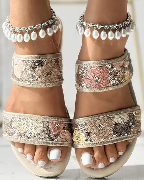 Floral Pattern Contrast Sequin Wedge Sandals beige