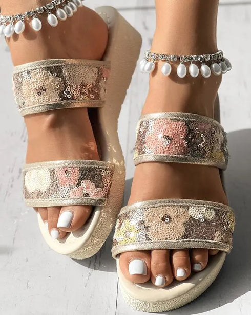 Floral Pattern Contrast Sequin Wedge Sandals beige