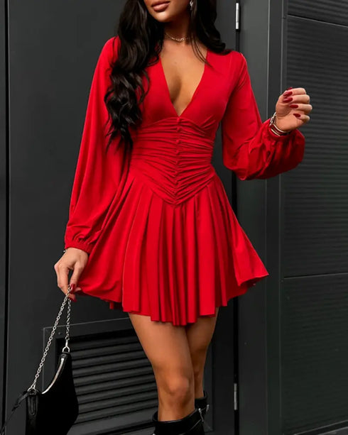 Deep V Neck Lantern Sleeve Ruched Pleated A Line Flowy Dress Single Breasted Decor Cinched Waist Party Dress red