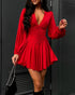 Deep V Neck Lantern Sleeve Ruched Pleated A Line Flowy Dress Single Breasted Decor Cinched Waist Party Dress red