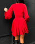 Deep V Neck Lantern Sleeve Ruched Pleated A Line Flowy Dress Single Breasted Decor Cinched Waist Party Dress red