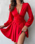 Deep V Neck Lantern Sleeve Ruched Pleated A Line Flowy Dress Single Breasted Decor Cinched Waist Party Dress red