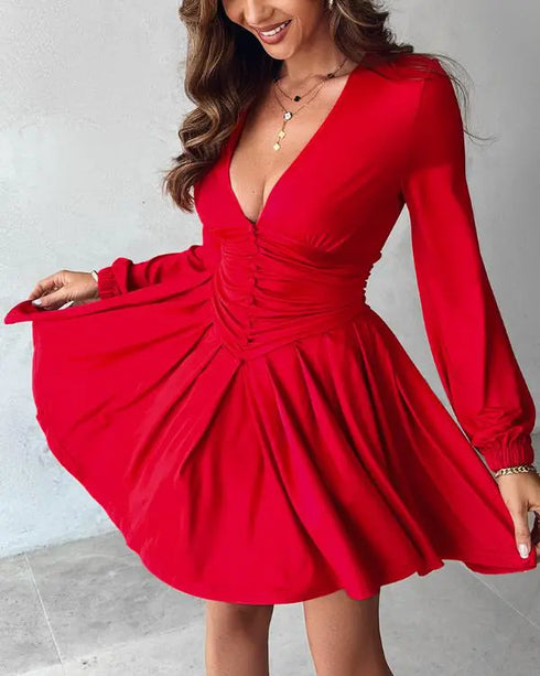 Deep V Neck Lantern Sleeve Ruched Pleated A Line Flowy Dress Single Breasted Decor Cinched Waist Party Dress red