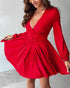 Deep V Neck Lantern Sleeve Ruched Pleated A Line Flowy Dress Single Breasted Decor Cinched Waist Party Dress red