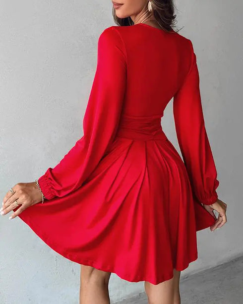 Deep V Neck Lantern Sleeve Ruched Pleated A Line Flowy Dress Single Breasted Decor Cinched Waist Party Dress red