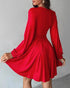 Deep V Neck Lantern Sleeve Ruched Pleated A Line Flowy Dress Single Breasted Decor Cinched Waist Party Dress red