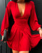 Deep V Neck Lantern Sleeve Ruched Pleated A Line Flowy Dress Single Breasted Decor Cinched Waist Party Dress red