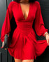 Deep V Neck Lantern Sleeve Ruched Pleated A Line Flowy Dress Single Breasted Decor Cinched Waist Party Dress red