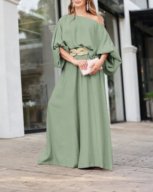 Skew Neck Lantern Sleeve Loose Top & Zipper Fly Wide Leg Pants Set without Belt green