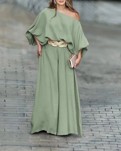 Skew Neck Lantern Sleeve Loose Top & Zipper Fly Wide Leg Pants Set without Belt green