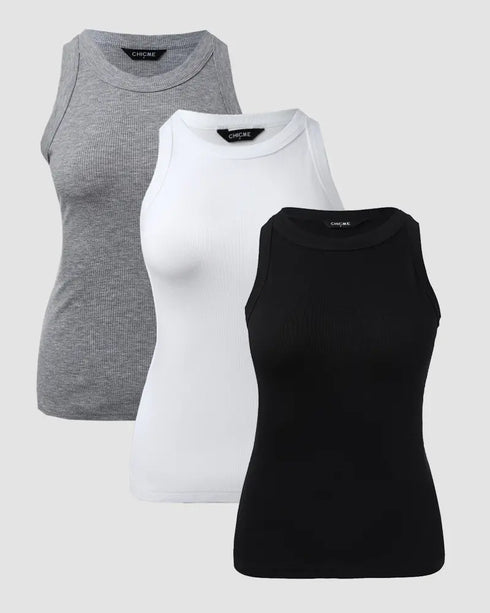 3-Pack Knit Round Neck Thick Strap Racerback Tank Tops(Without Pads) style4