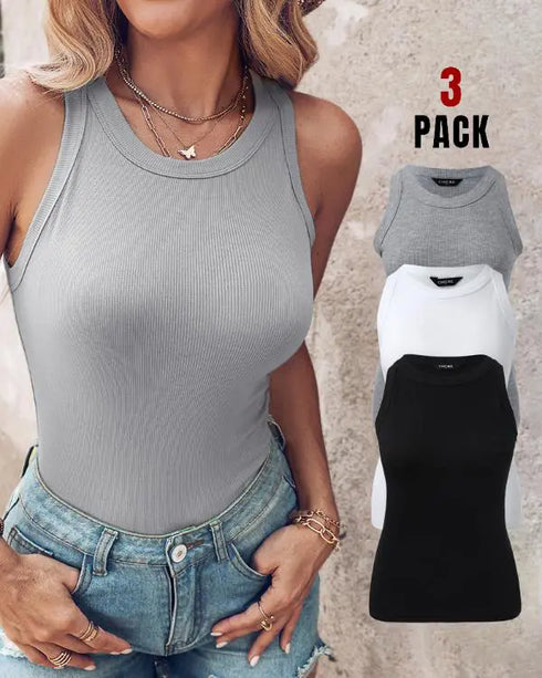 3-Pack Knit Round Neck Thick Strap Racerback Tank Tops(Without Pads) style4