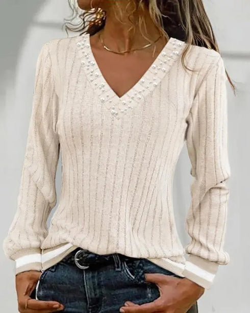 V-Neck Long Sleeve Pit Stripe Causal T-shirt Apricot