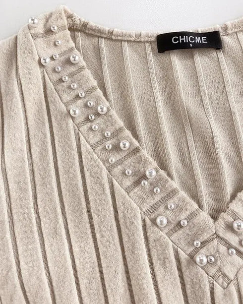 V-Neck Long Sleeve Pit Stripe Causal T-shirt Apricot