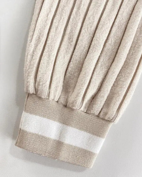 V-Neck Long Sleeve Pit Stripe Causal T-shirt Apricot