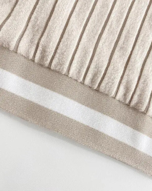 V-Neck Long Sleeve Pit Stripe Causal T-shirt Apricot