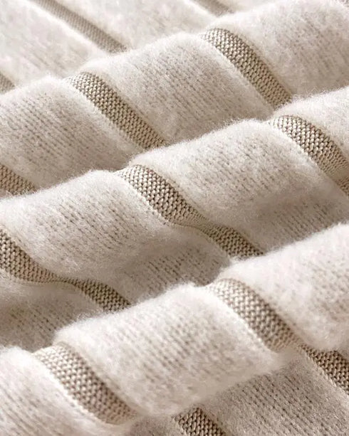 V-Neck Long Sleeve Pit Stripe Causal T-shirt Apricot