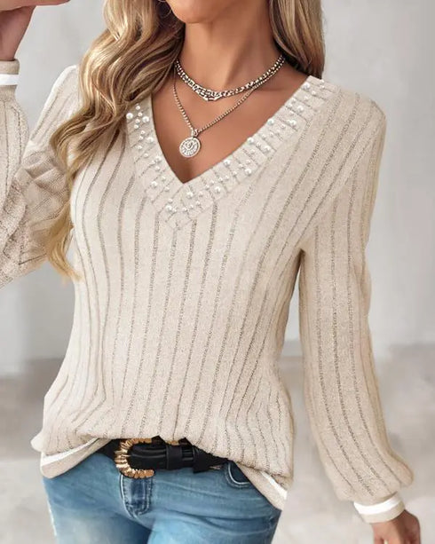 V-Neck Long Sleeve Pit Stripe Causal T-shirt Apricot